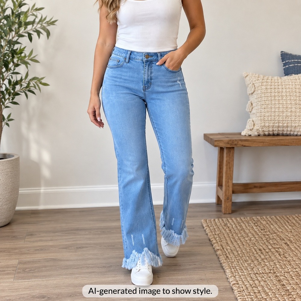 Womens Large Light Wash Frayed Fringe Hem Distressed Flare Jeans Boho High Rise
